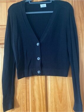 Wilfred Aritzia Black Ribbed Cropped Cardigan Linen Blend V-Neck M